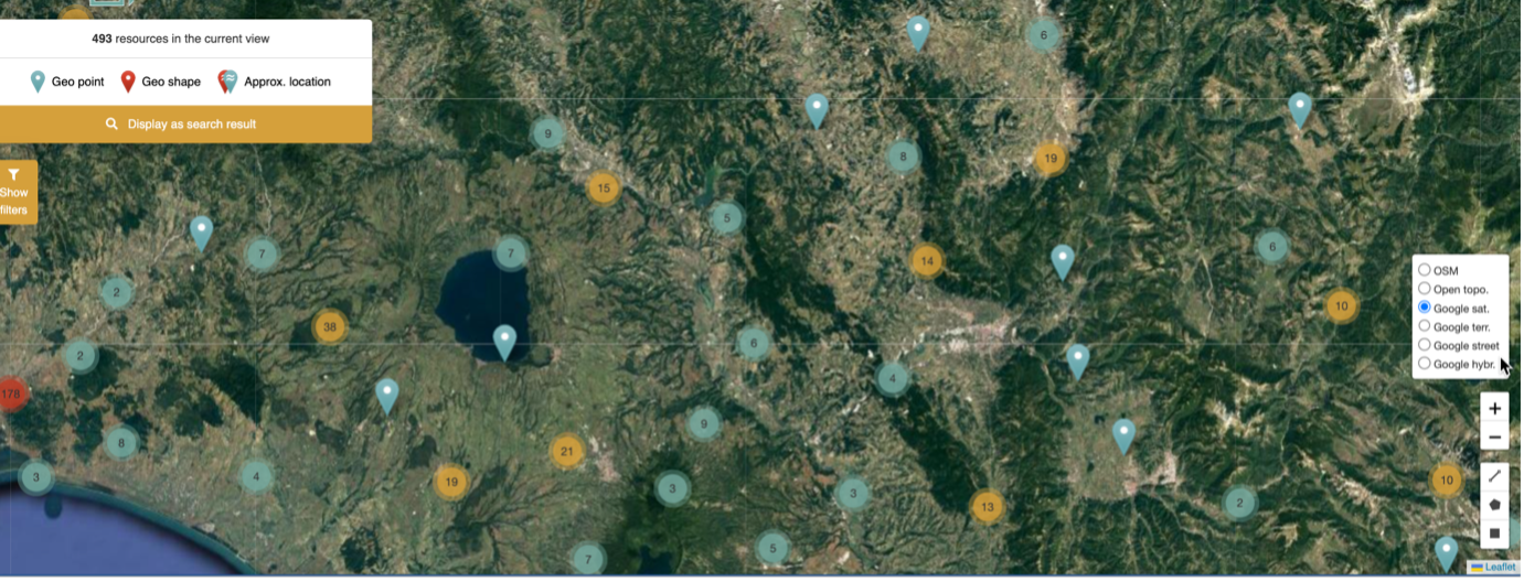 Map in Google satellite mode showing resources