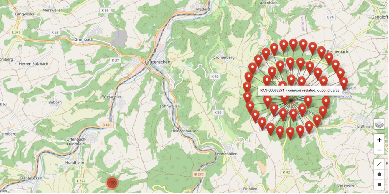 Multiple pins (expanded view) on the map